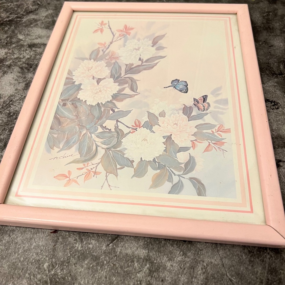 Vintage Framed Floral Butterfly Art Pink Frame | Cottage Fairy